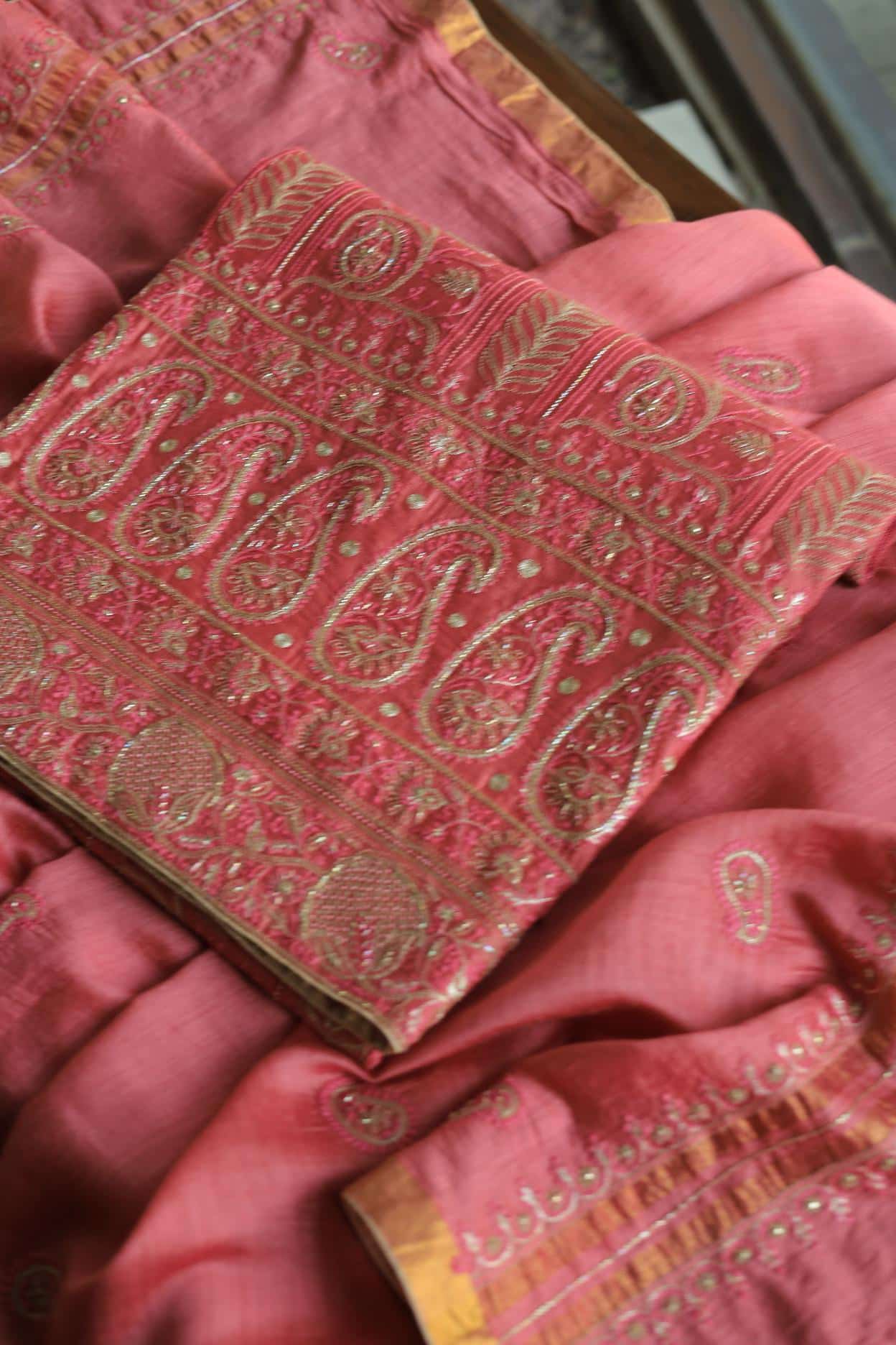 Carrot Pink Pink Moonga Silk Chikankari Unstitched Fabric