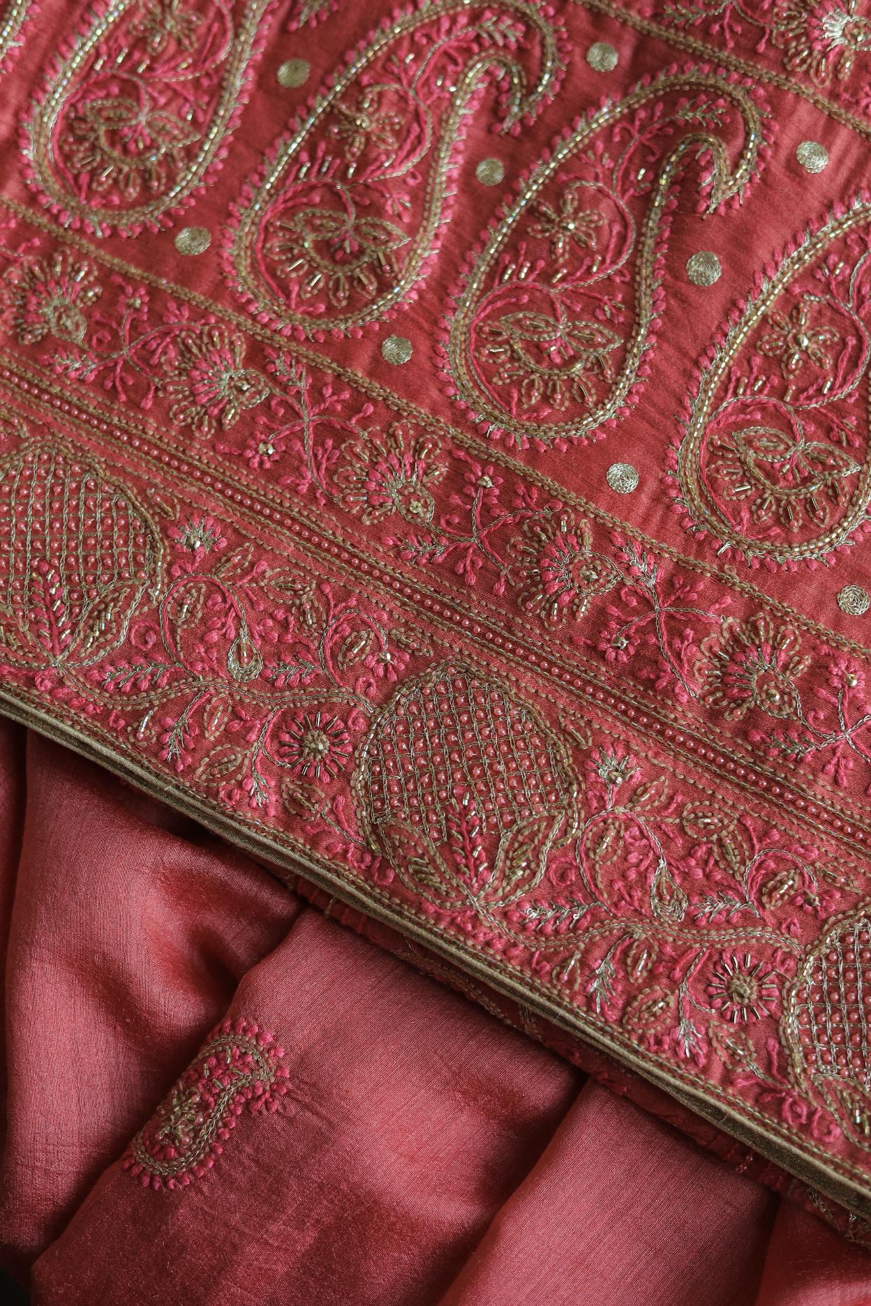 Carrot Pink Pink Moonga Silk Chikankari Unstitched Fabric
