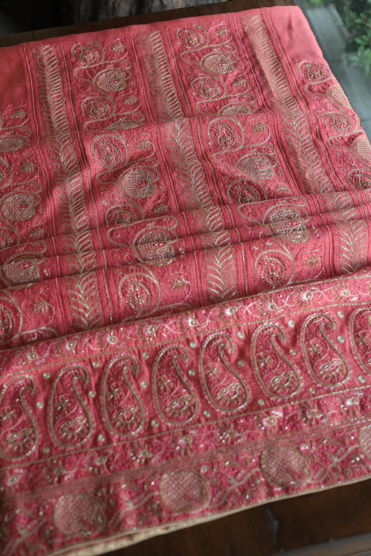 Carrot Pink Pink Moonga Silk Chikankari Unstitched Fabric