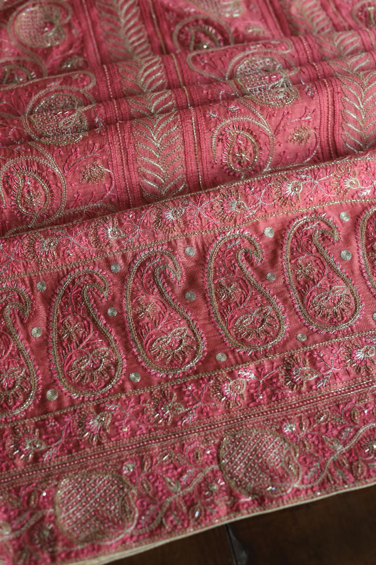 Carrot Pink Pink Moonga Silk Chikankari Unstitched Fabric