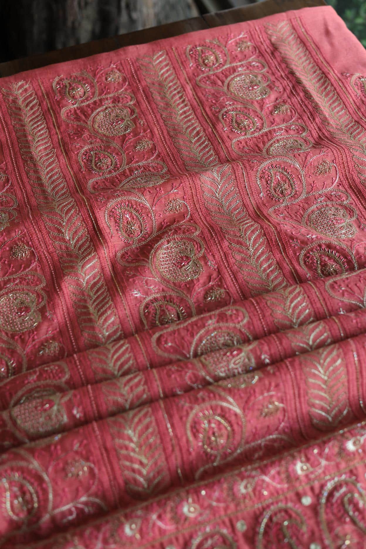 Carrot Pink Pink Moonga Silk Chikankari Unstitched Fabric