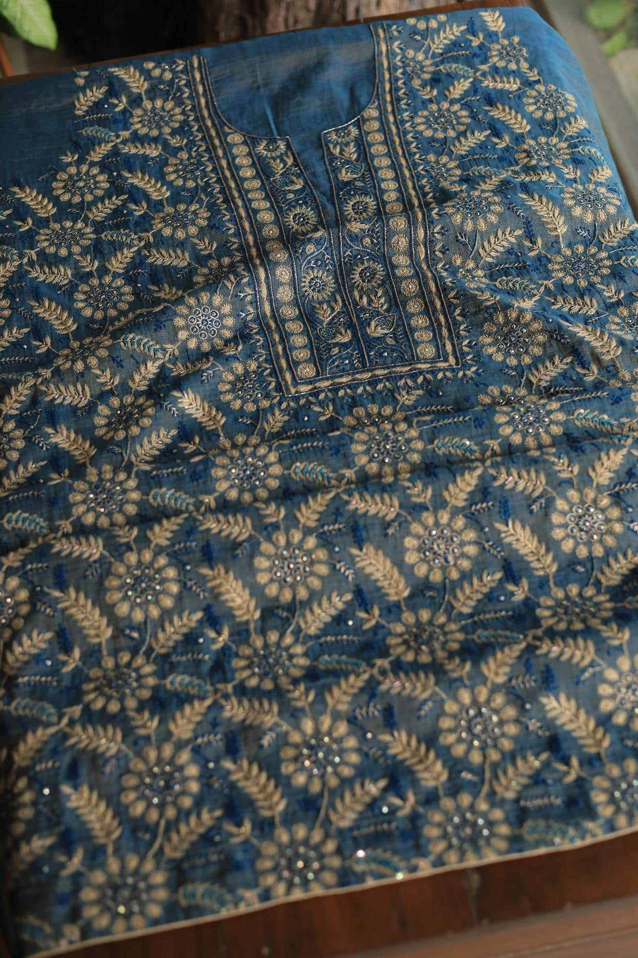 Blue Tissue Silk Chikankari Unstitched Fabric