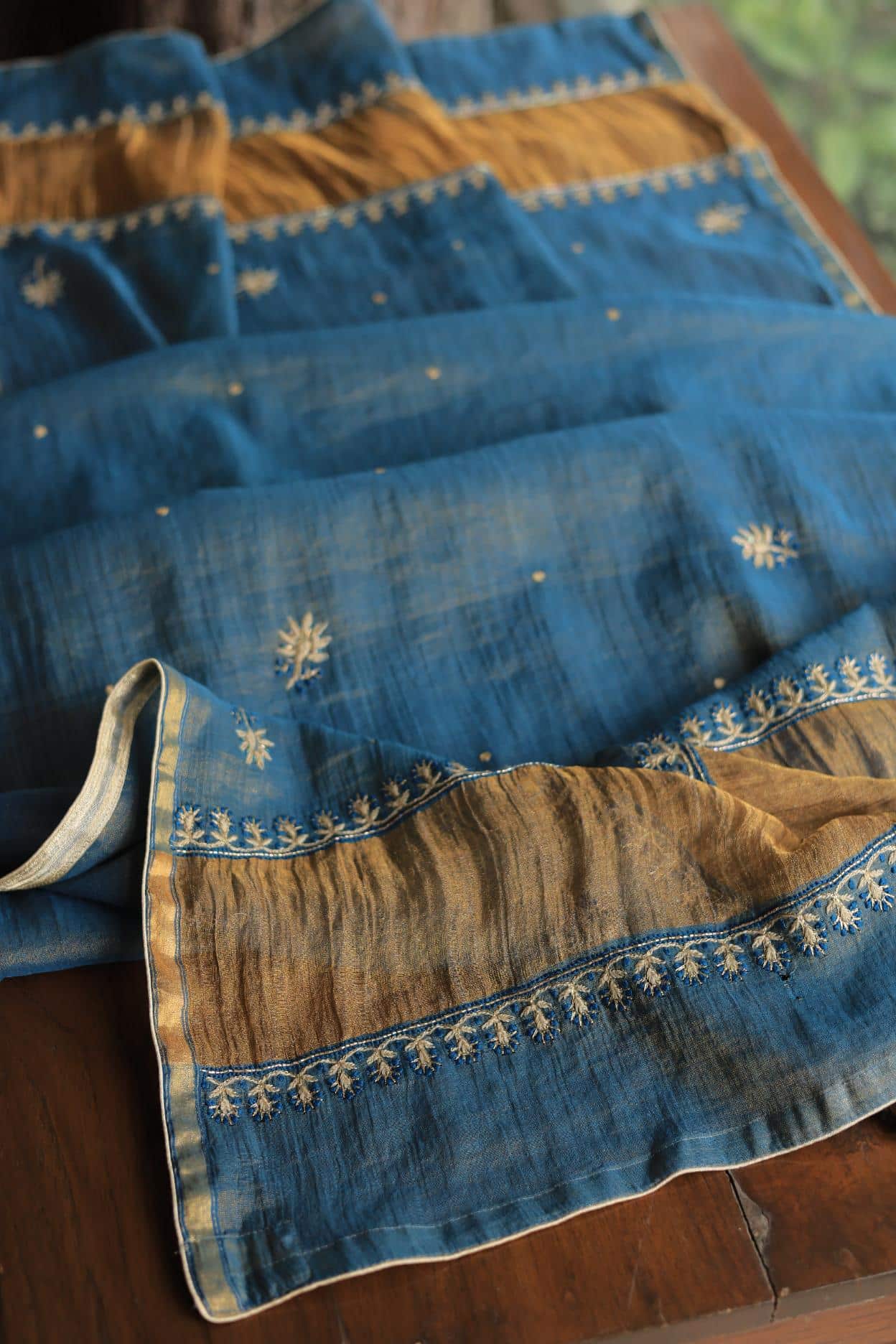 Blue Tissue Silk Chikankari Unstitched Fabric