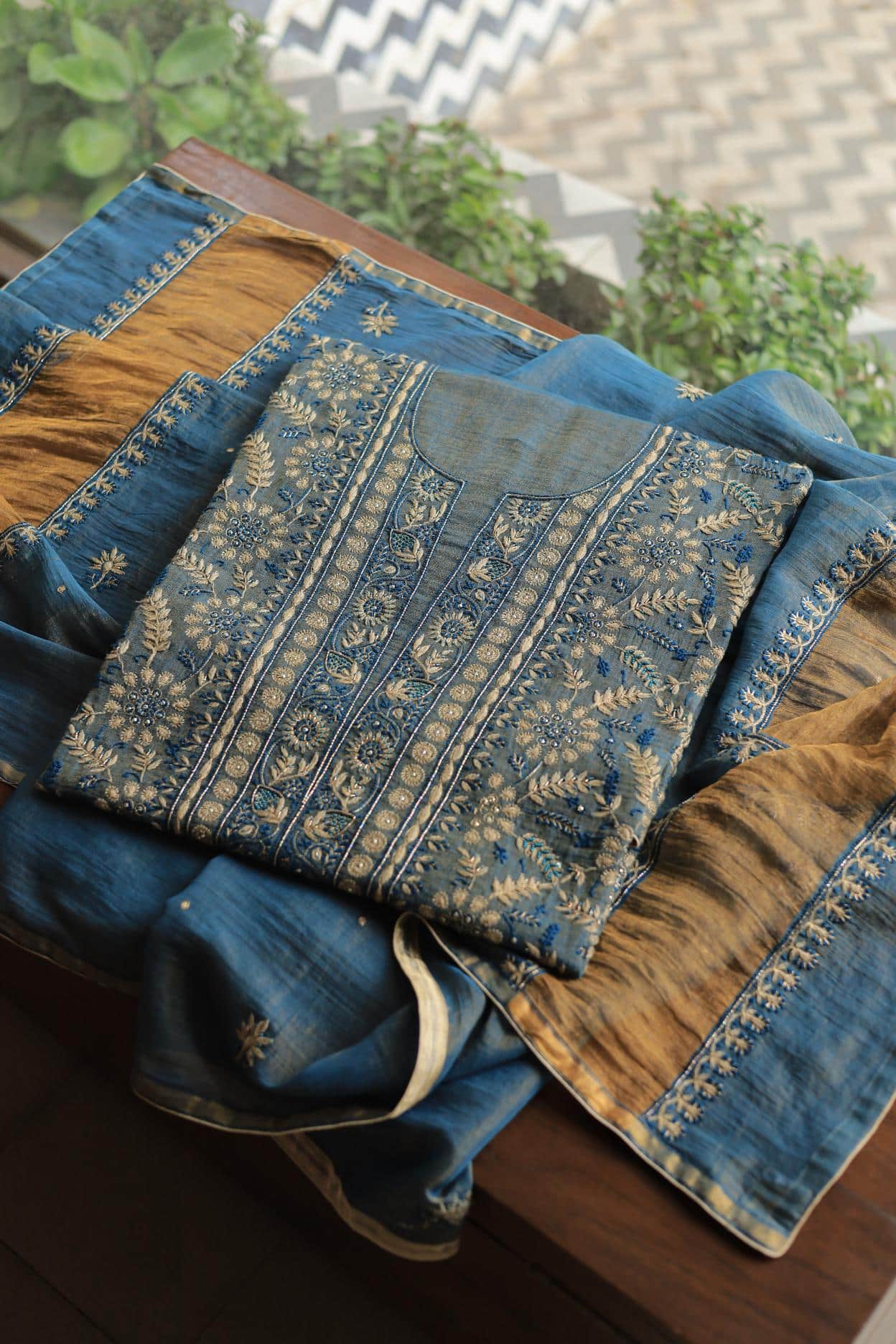 Blue Tissue Silk Chikankari Unstitched Fabric