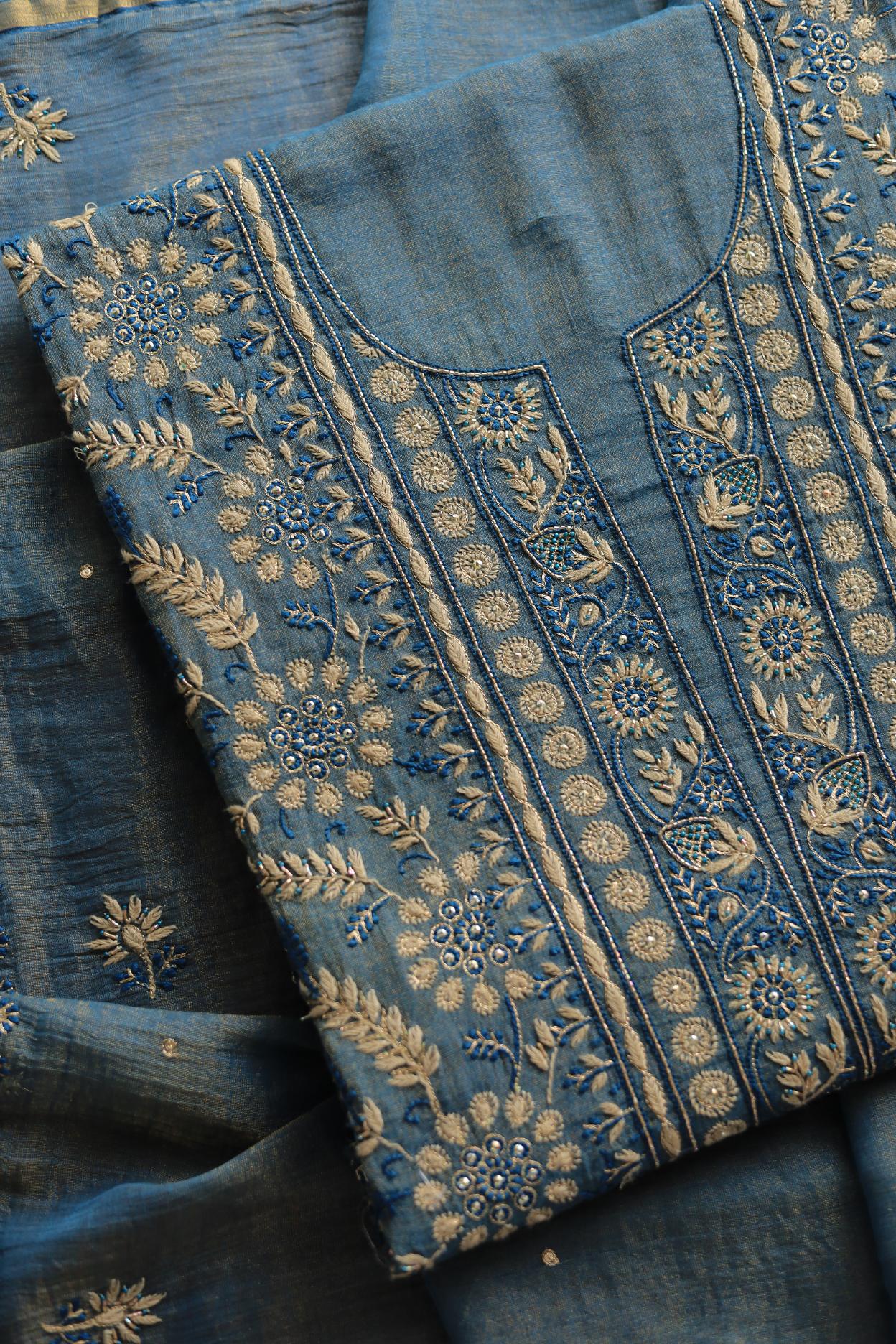 Blue Tissue Silk Chikankari Unstitched Fabric