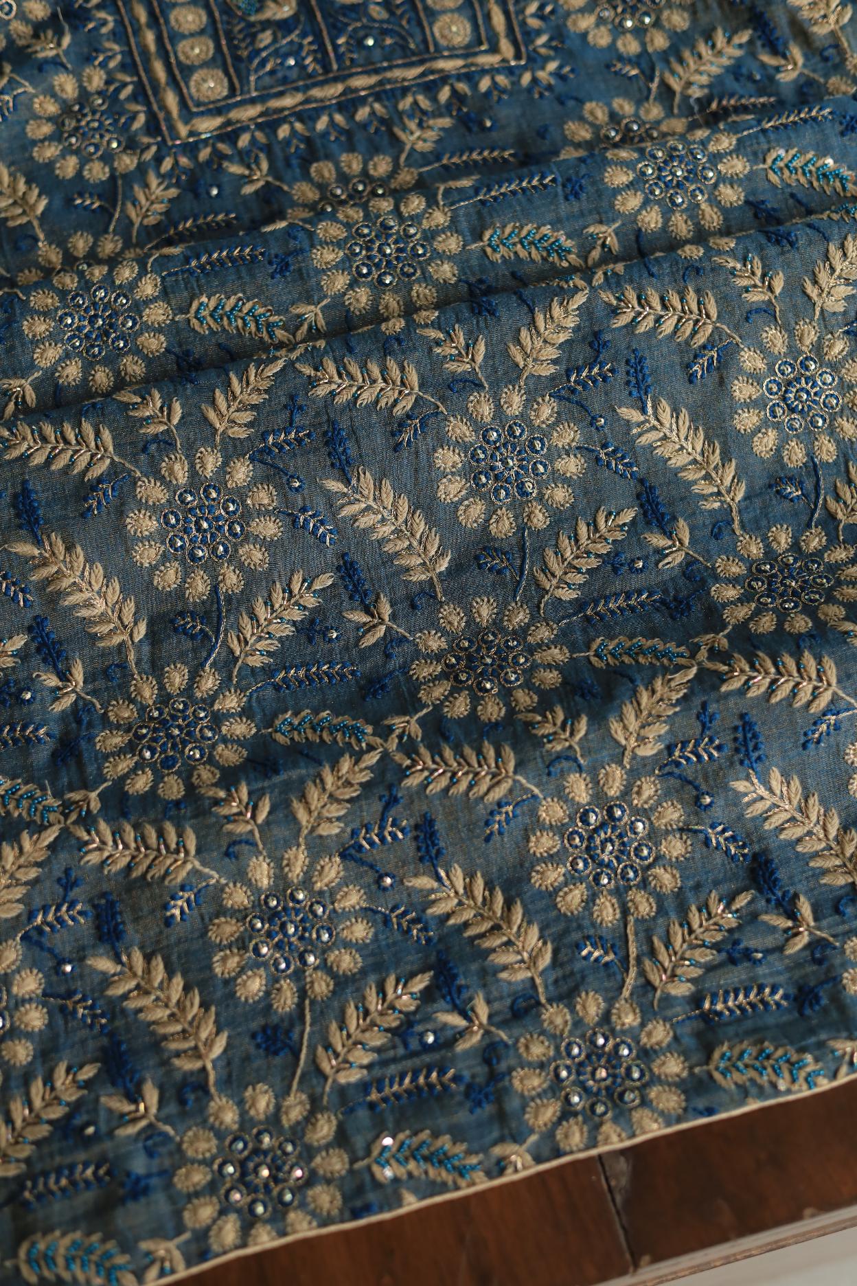 Blue Tissue Silk Chikankari Unstitched Fabric