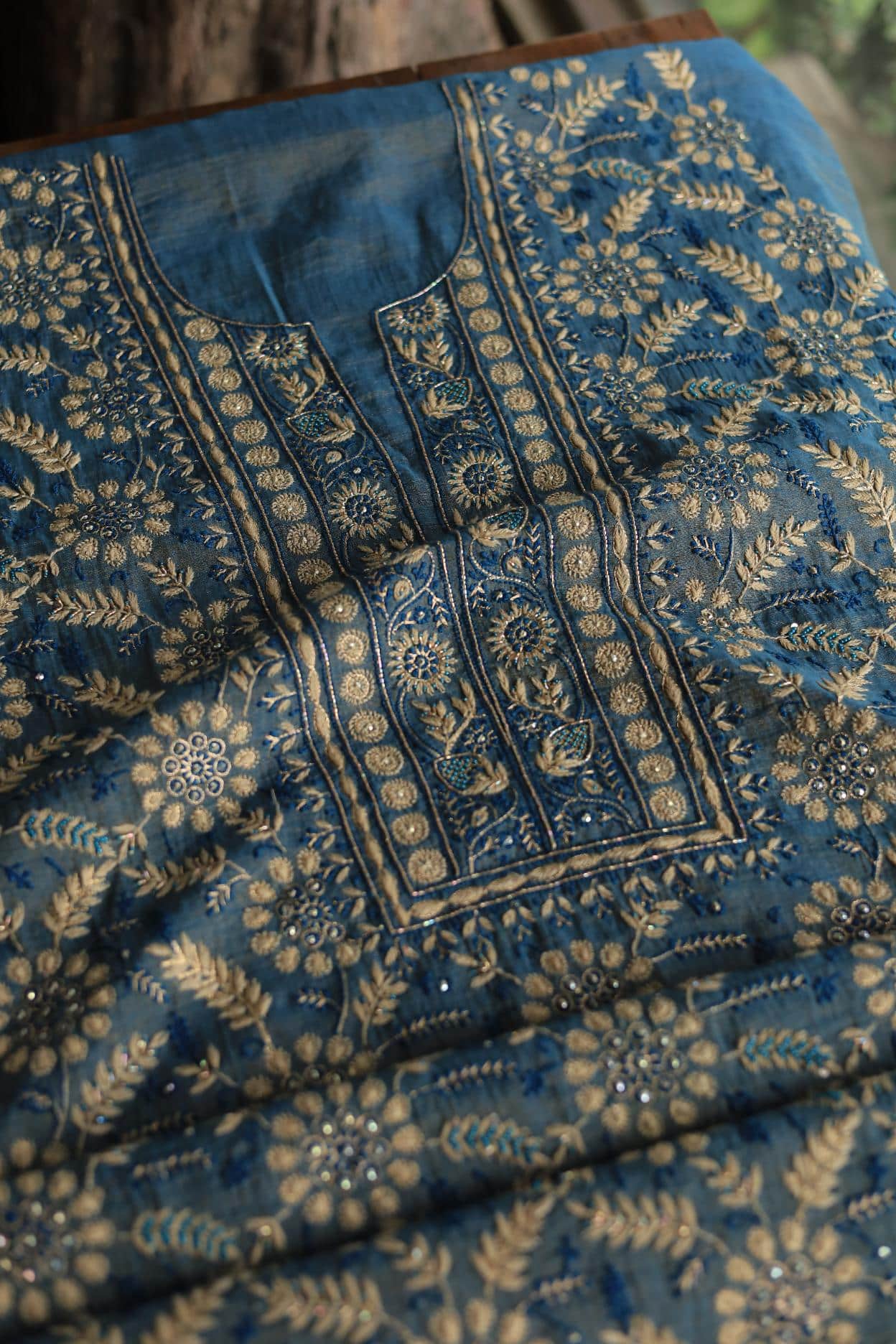 Blue Tissue Silk Chikankari Unstitched Fabric