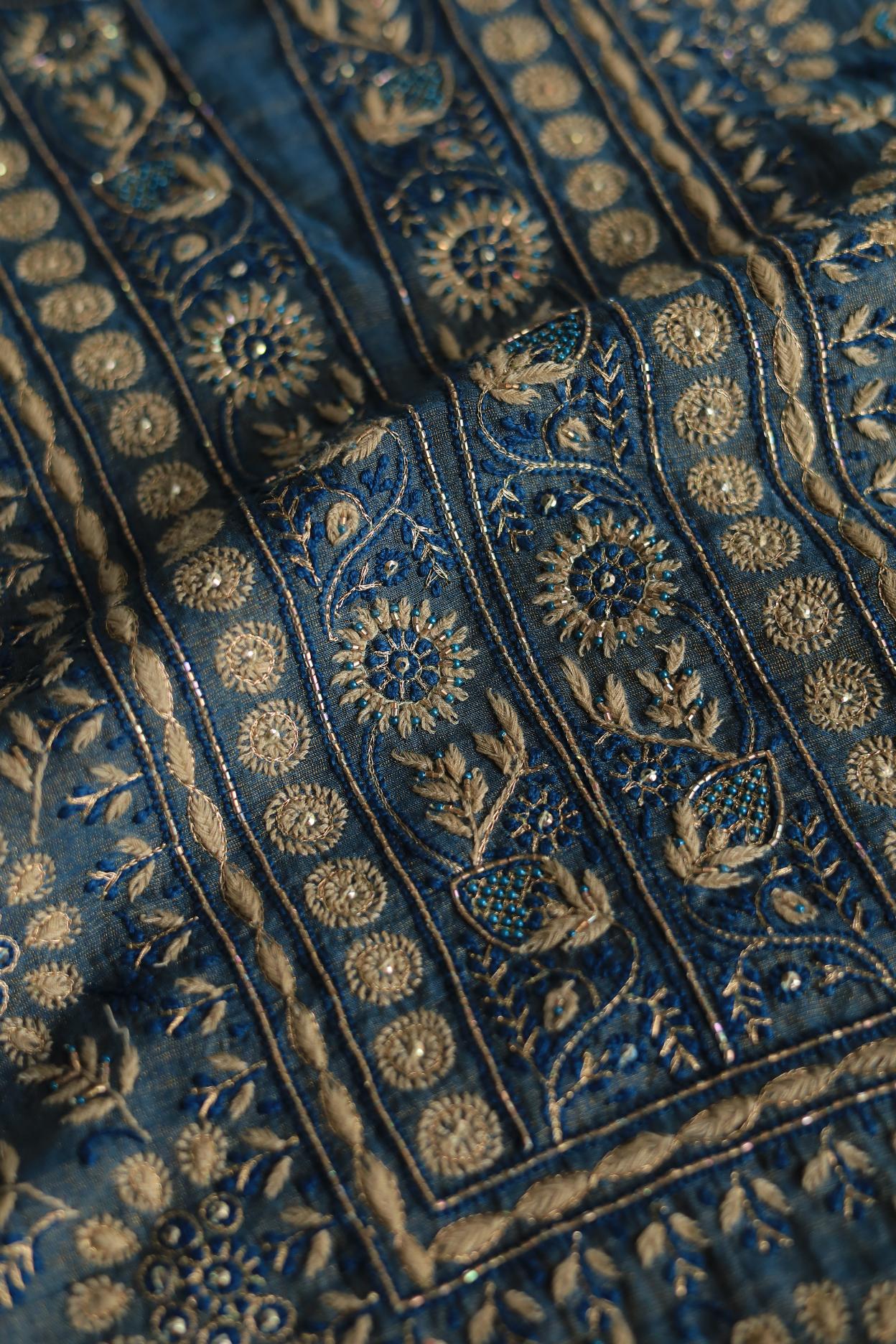 Blue Tissue Silk Chikankari Unstitched Fabric