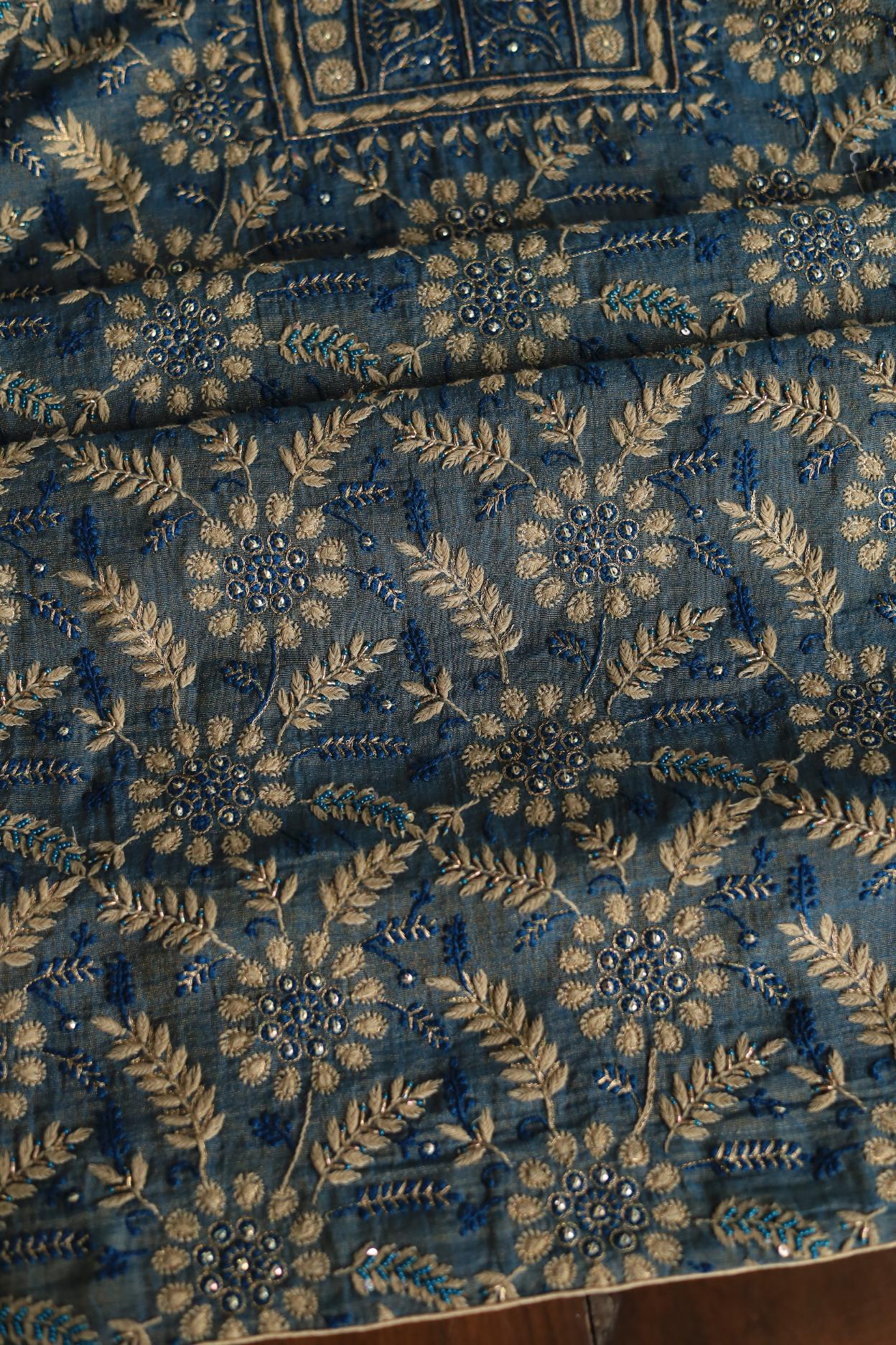 Blue Tissue Silk Chikankari Unstitched Fabric