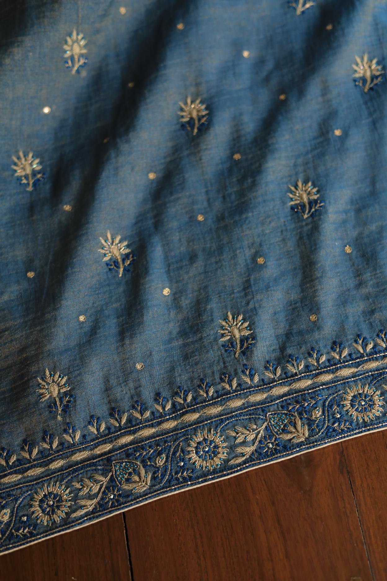 Blue Tissue Silk Chikankari Unstitched Fabric