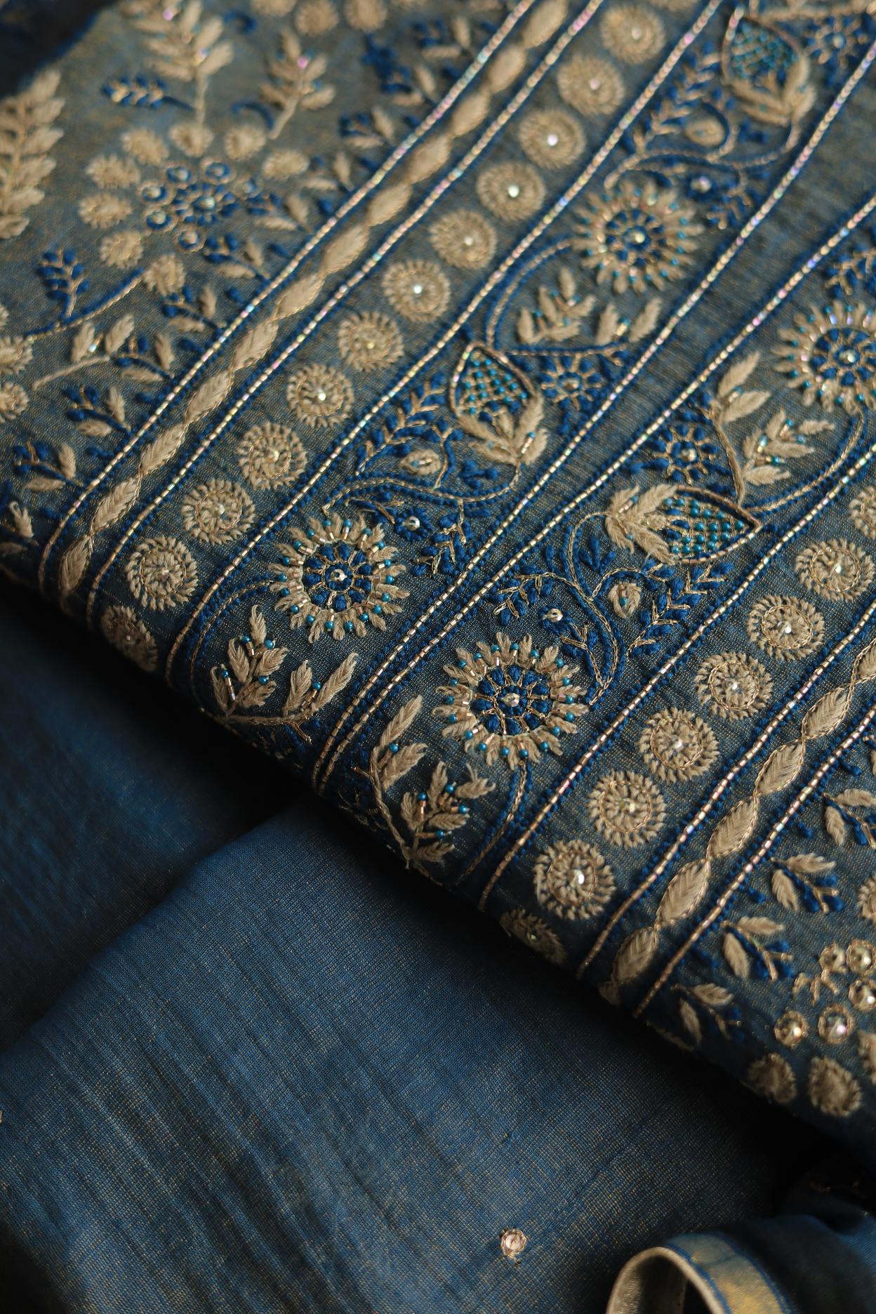 Blue Tissue Silk Chikankari Unstitched Fabric