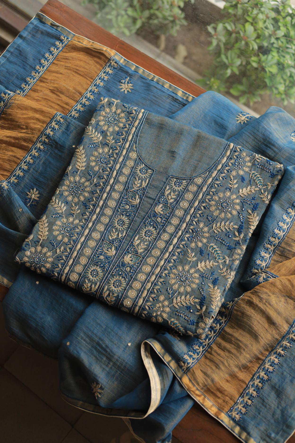 Blue Tissue Silk Chikankari Unstitched Fabric
