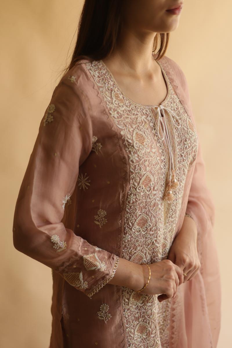 Rose Gold Noor Organza Silk Chikankari Straight Cut Kurta Dupatta Set