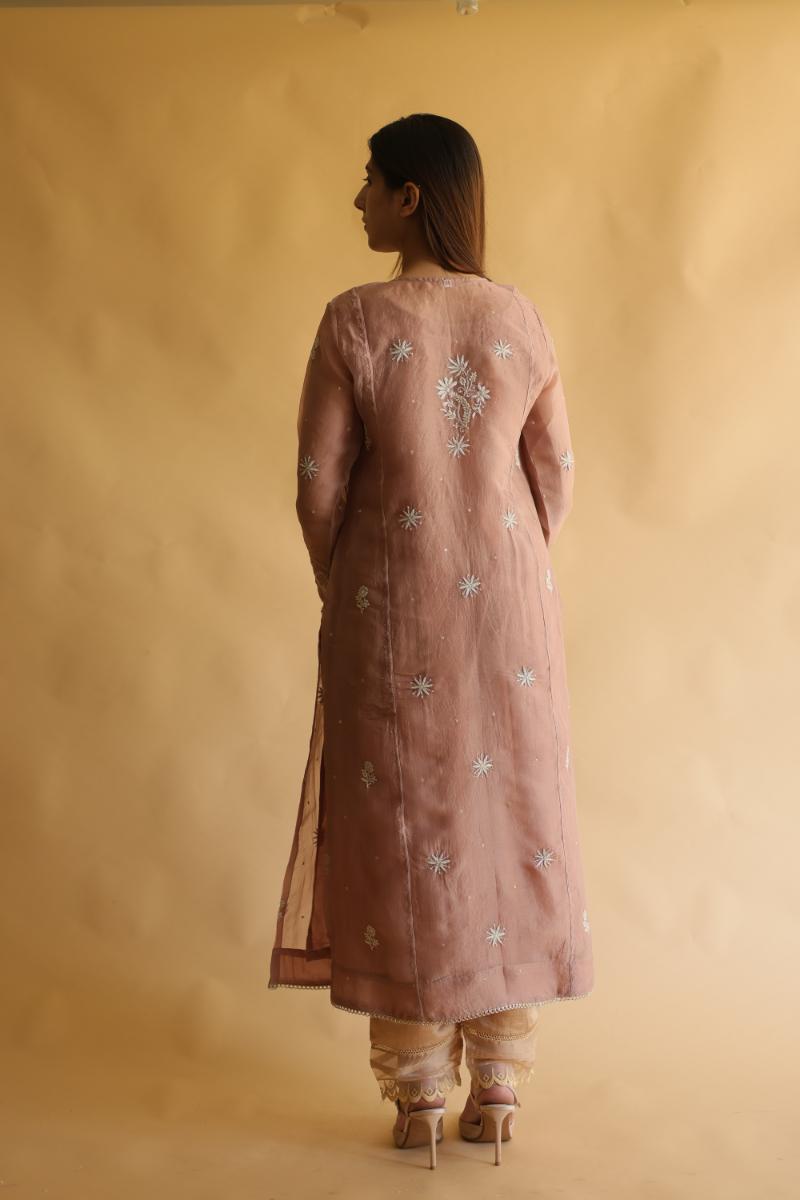 Rose Gold Noor Organza Silk Chikankari Straight Cut Kurta Dupatta Set