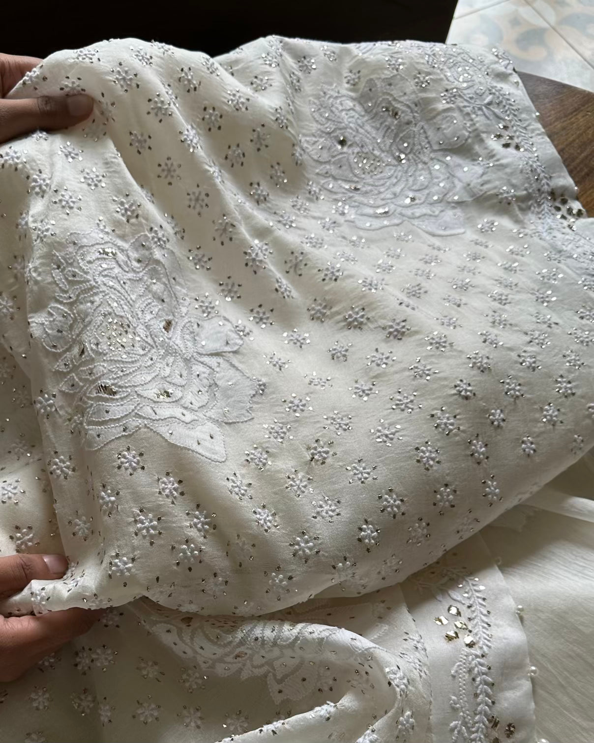 Rose Motifs Noor Organza White Chikankari Saree