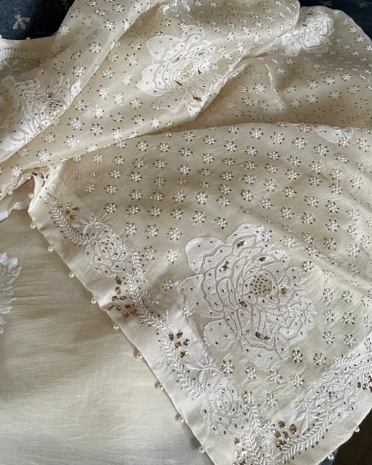Rose Motifs Noor Organza White Chikankari Saree