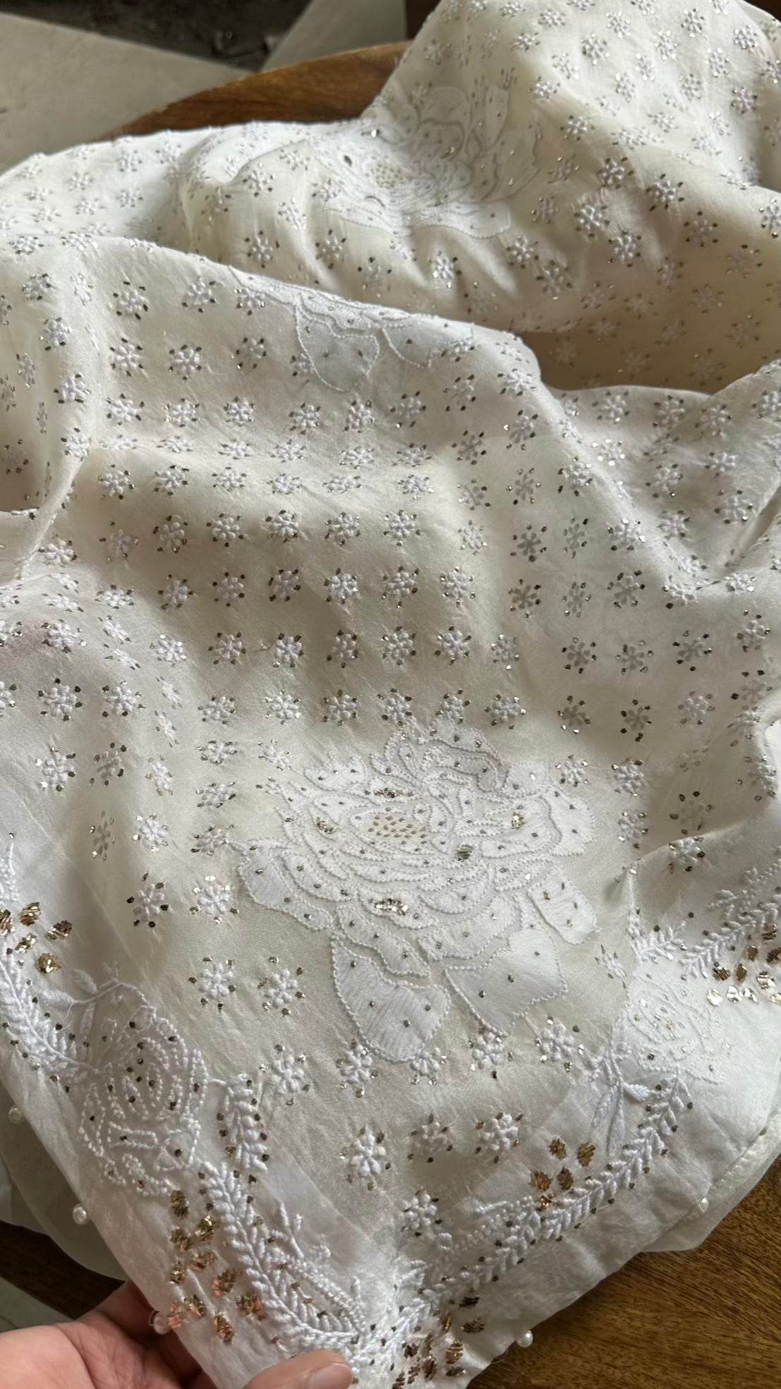 Rose Motifs Noor Organza White Chikankari Saree