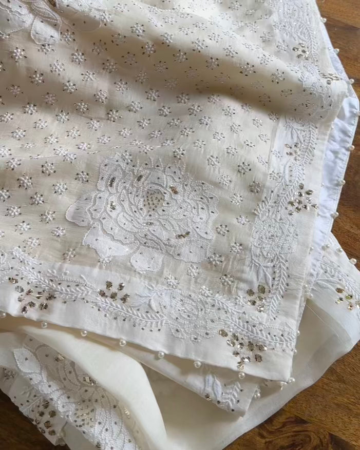 Rose Motifs Noor Organza White Chikankari Saree