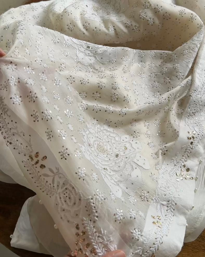 Rose Motifs Noor Organza White Chikankari Saree