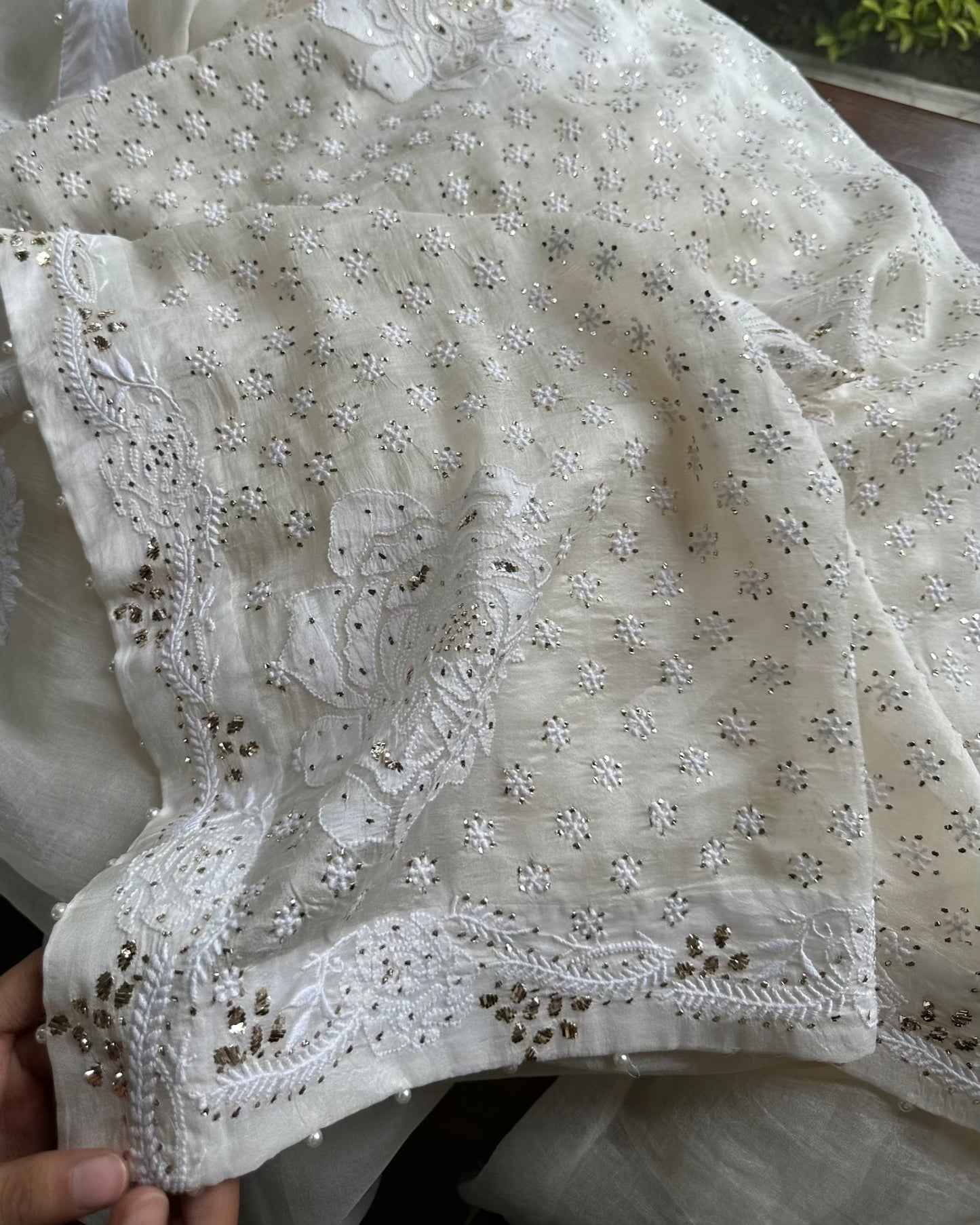 Rose Motifs Noor Organza White Chikankari Saree