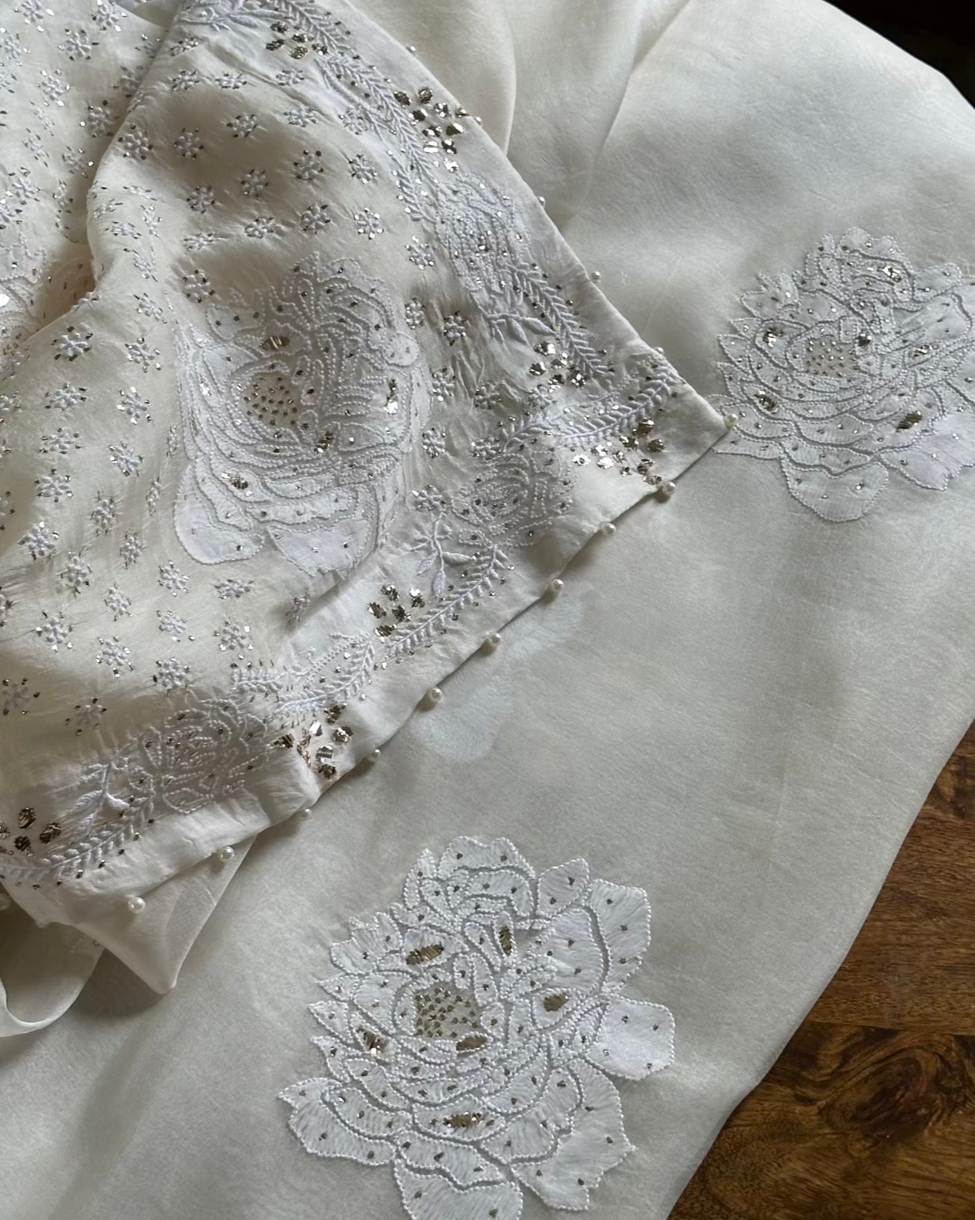 Rose Motifs Noor Organza White Chikankari Saree