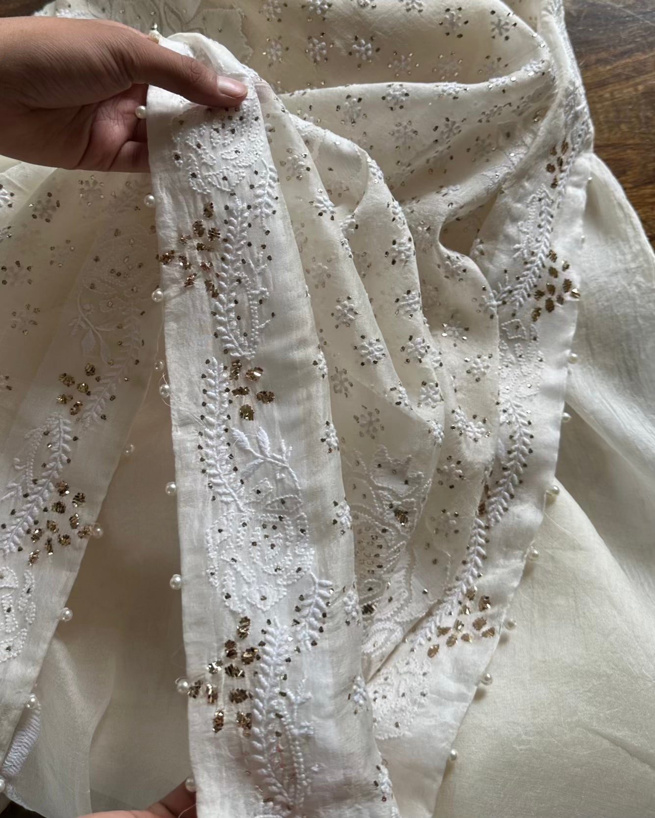 Rose Motifs Noor Organza White Chikankari Saree