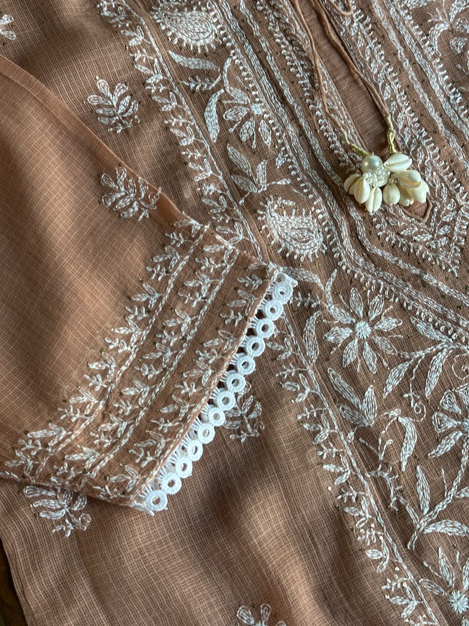 Rose Peach Shade Semi Stitched Kota Tepchi Chikankari Kurta Dupatta Set