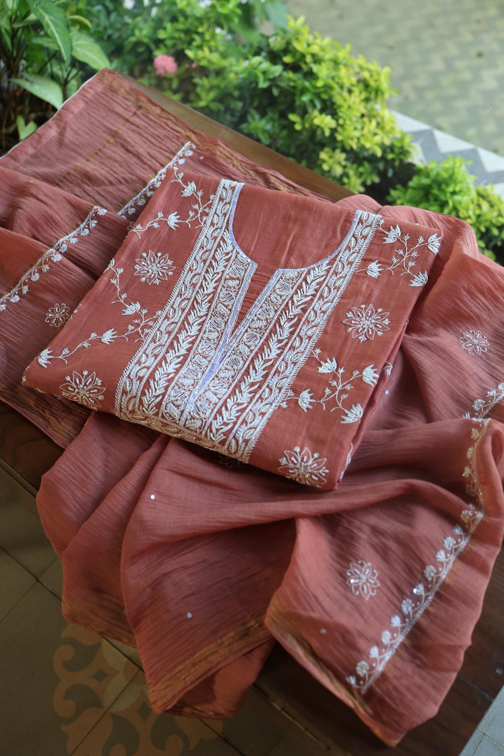 Rose Taupe Mal Chanderi Silk Chikankari With Sequins Unstitched Kurta Dupatta Set