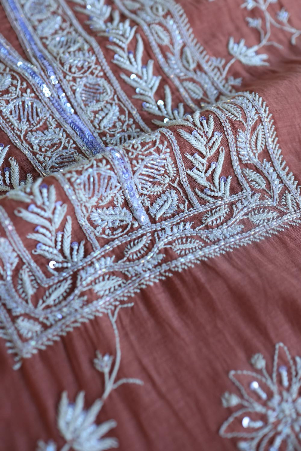 Rose Taupe Mal Chanderi Silk Chikankari With Sequins Unstitched Kurta Dupatta Set