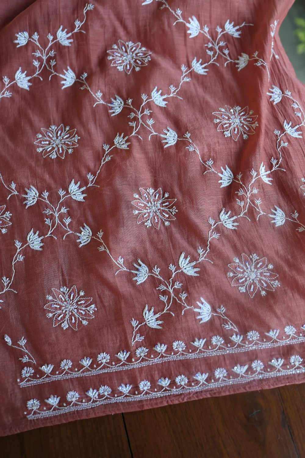 Rose Taupe Mal Chanderi Silk Chikankari With Sequins Unstitched Kurta Dupatta Set