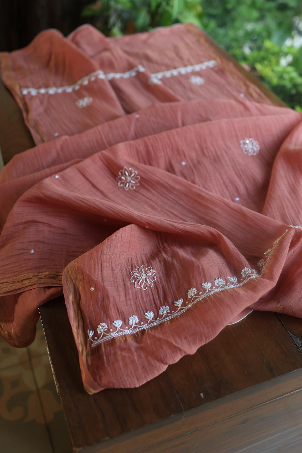 Rose Taupe Mal Chanderi Silk Chikankari With Sequins Unstitched Kurta Dupatta Set