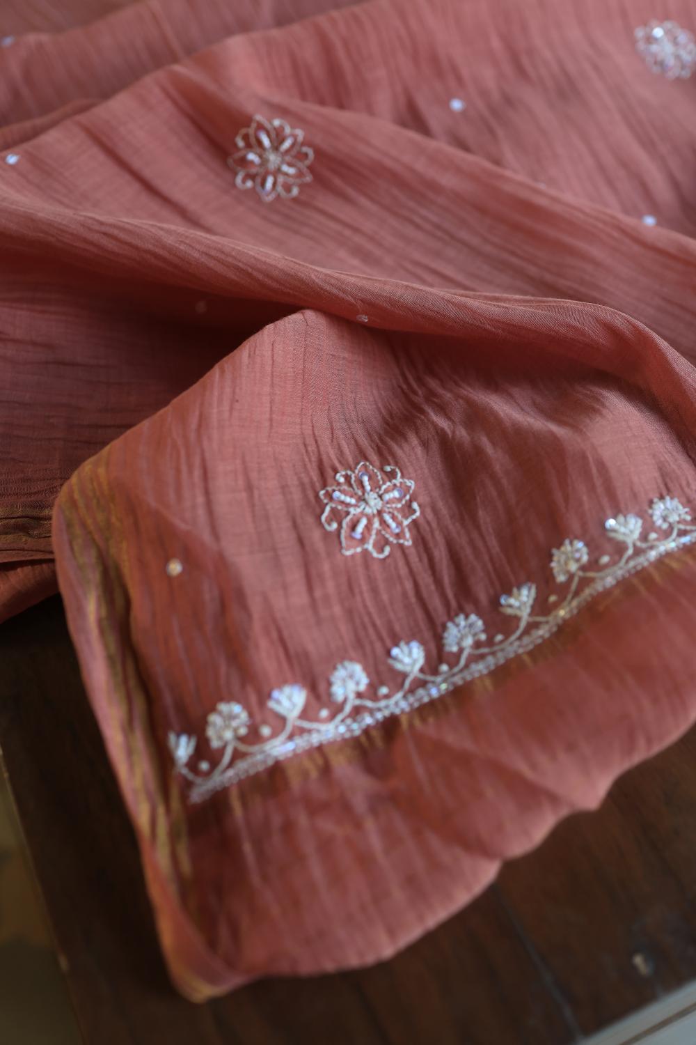 Rose Taupe Mal Chanderi Silk Chikankari With Sequins Unstitched Kurta Dupatta Set