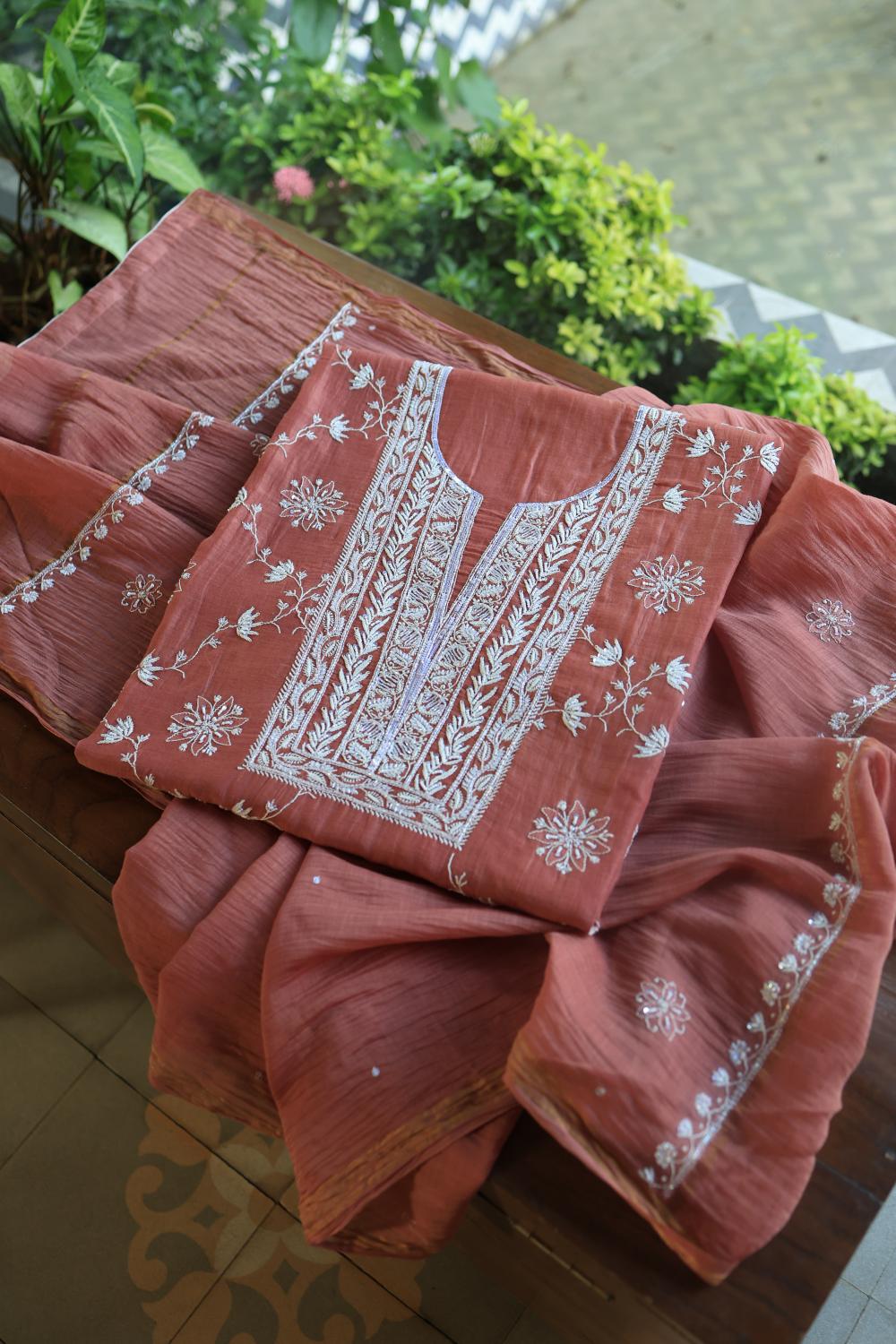 Rose Taupe Mal Chanderi Silk Chikankari With Sequins Unstitched Kurta Dupatta Set