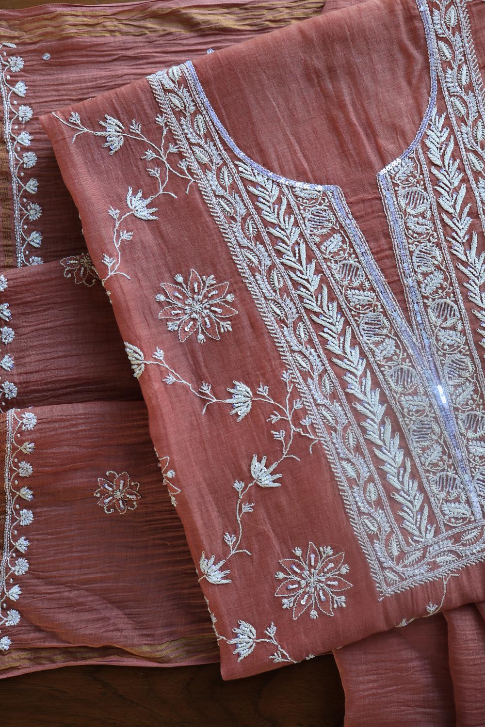 Rose Taupe Mal Chanderi Silk Chikankari With Sequins Unstitched Kurta Dupatta Set
