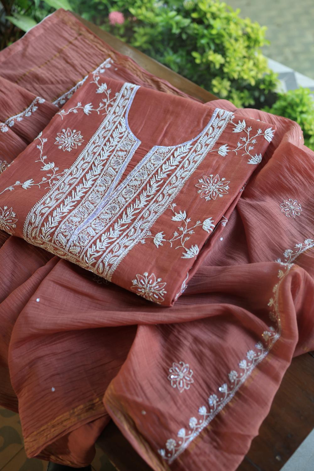 Rose Taupe Mal Chanderi Silk Chikankari With Sequins Unstitched Kurta Dupatta Set