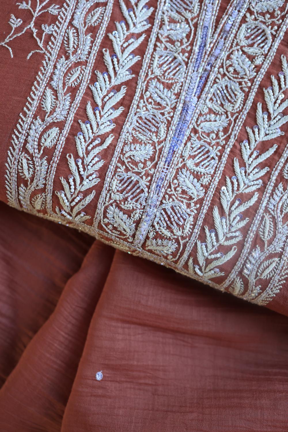 Rose Taupe Mal Chanderi Silk Chikankari With Sequins Unstitched Kurta Dupatta Set
