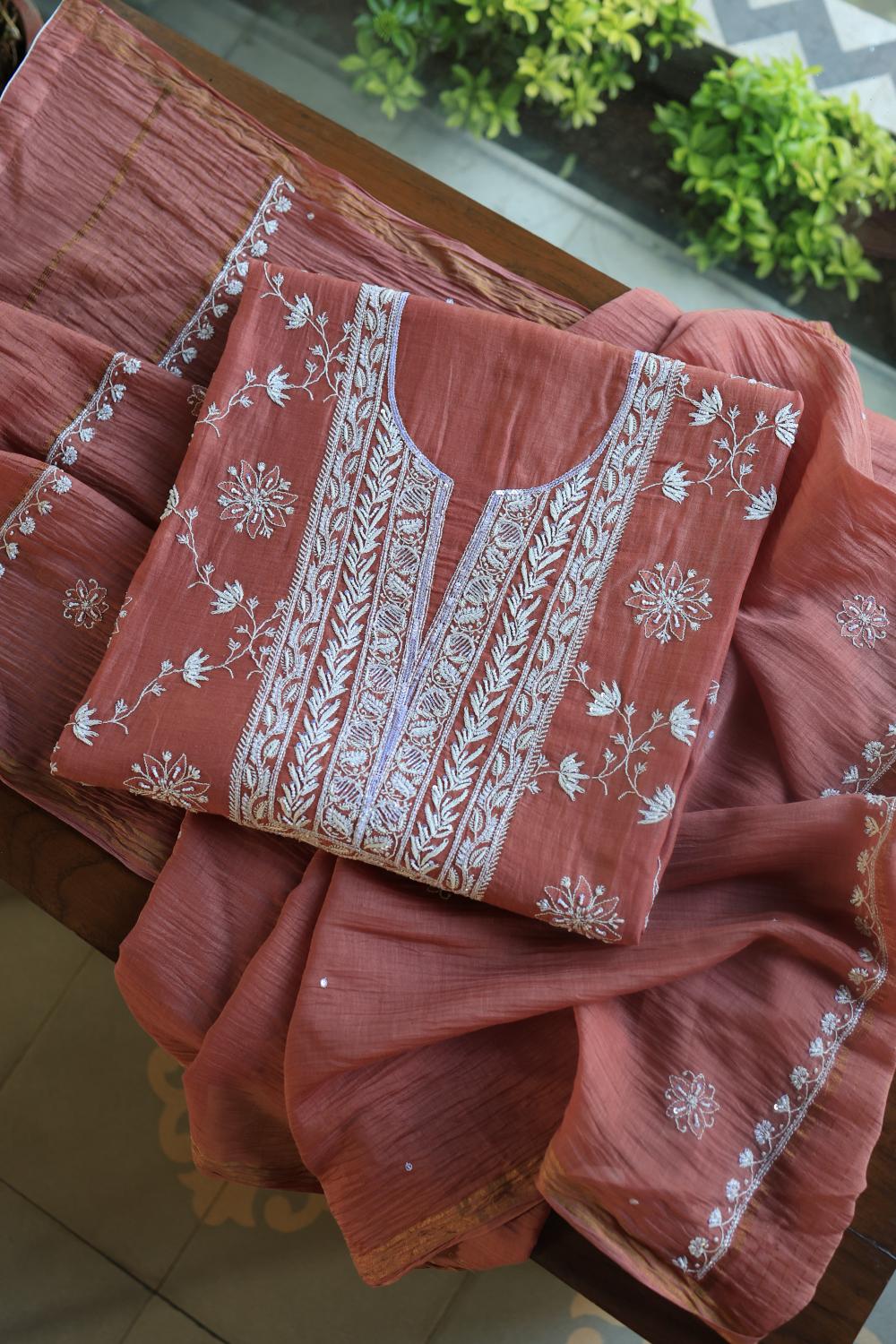 Rose Taupe Mal Chanderi Silk Chikankari With Sequins Unstitched Kurta Dupatta Set