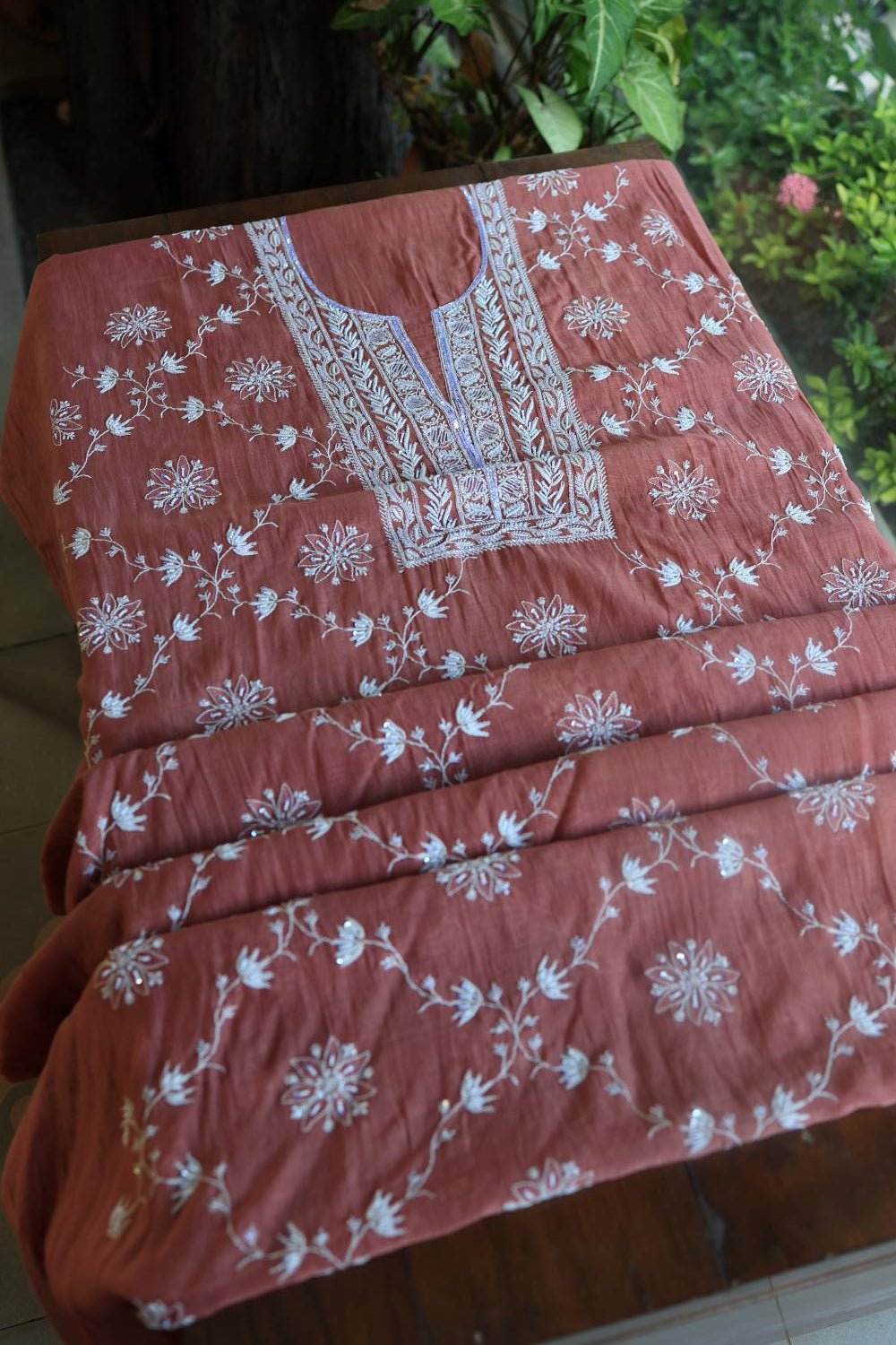 Rose Taupe Mal Chanderi Silk Chikankari With Sequins Unstitched Kurta Dupatta Set