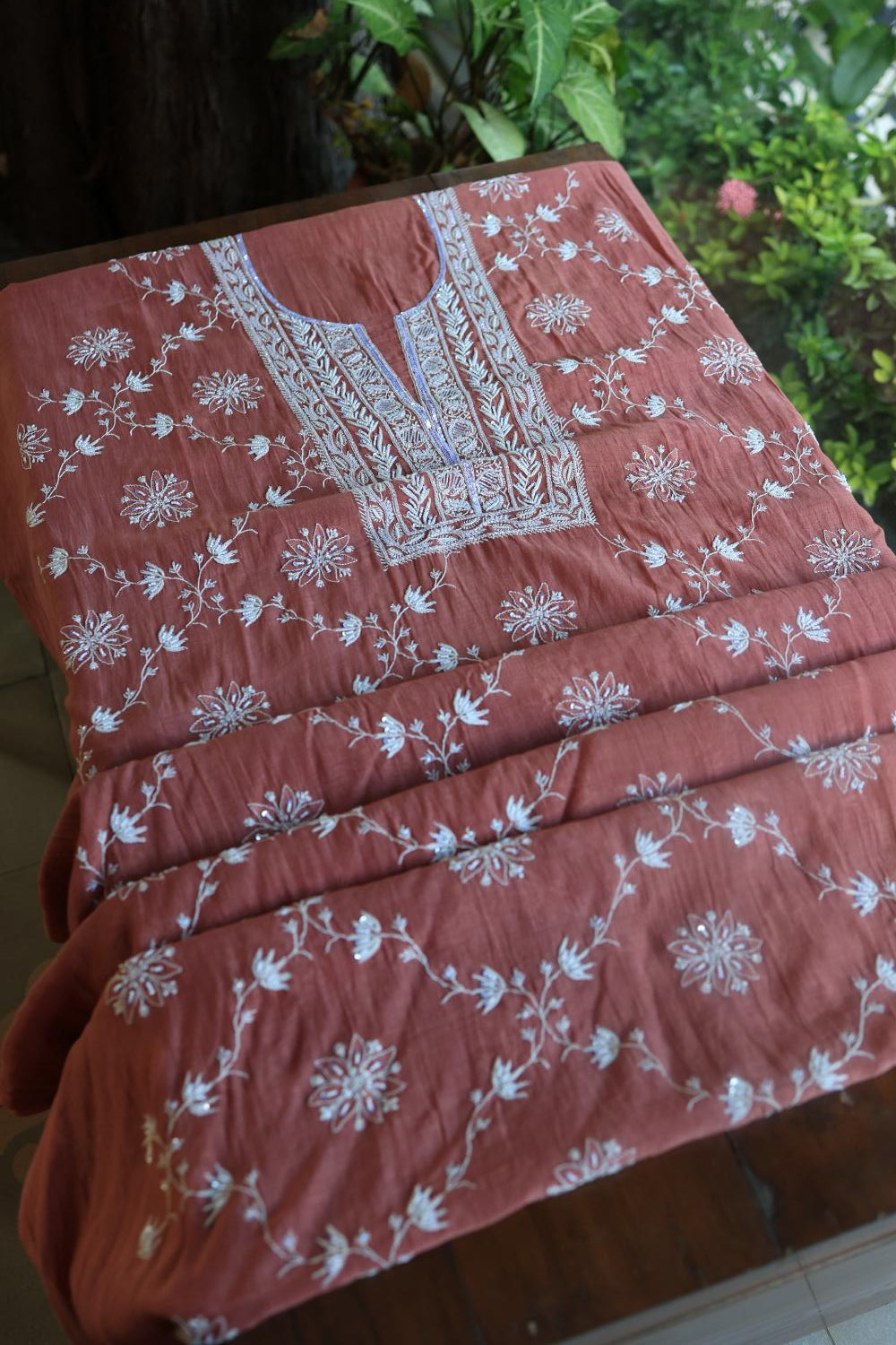Rose Taupe Mal Chanderi Silk Chikankari With Sequins Unstitched Kurta Dupatta Set
