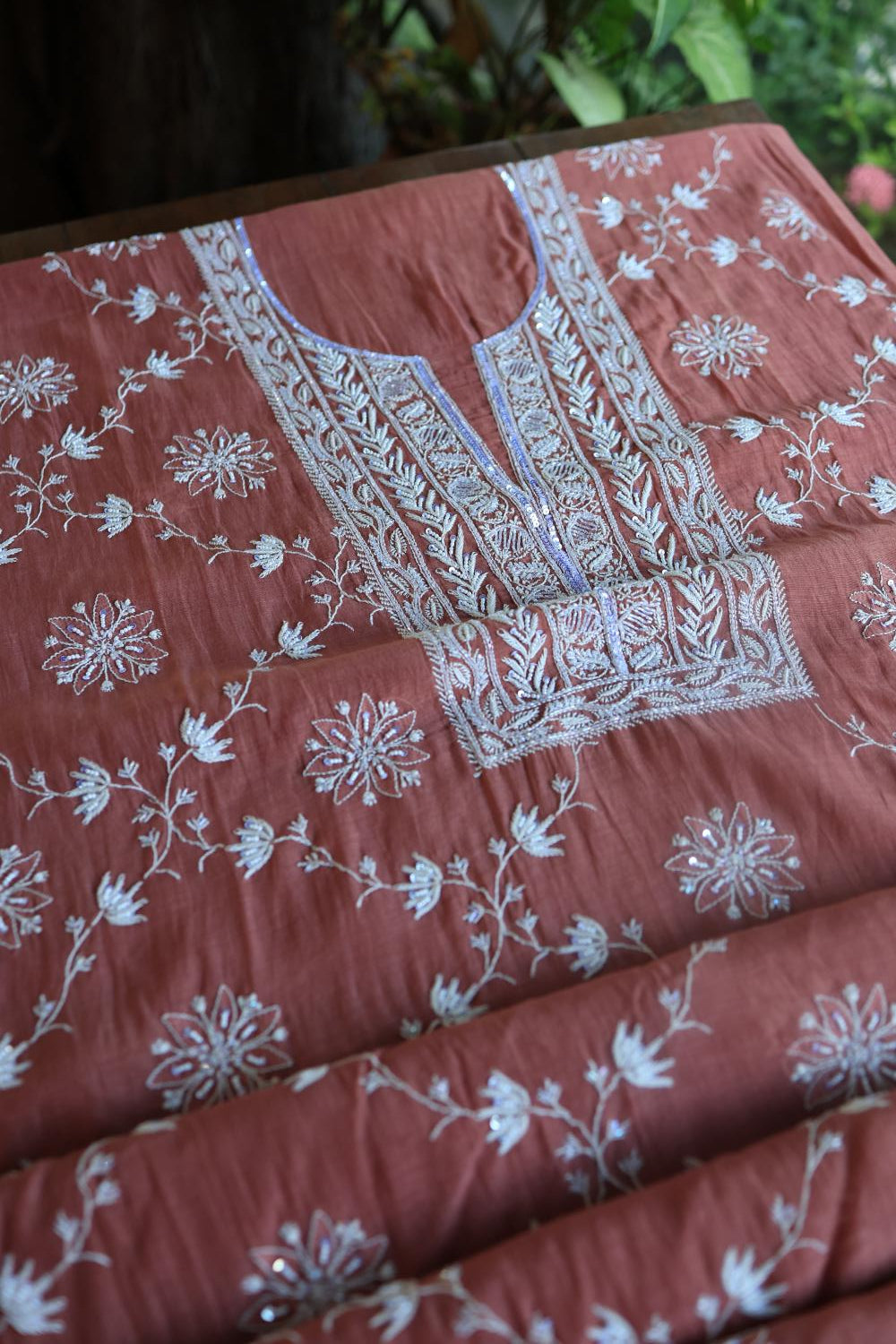 Rose Taupe Mal Chanderi Silk Chikankari With Sequins Unstitched Kurta Dupatta Set