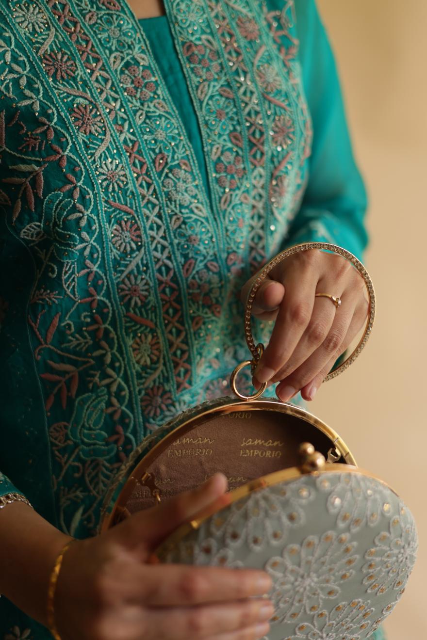 Blue Pure Georgette Mukaish Kamdani Sling Clutch