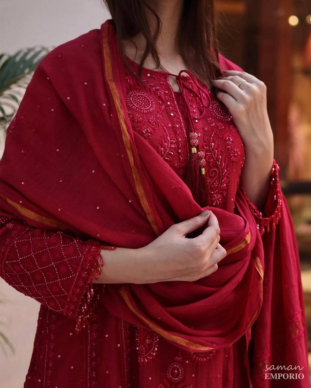 Ruby Red Malmal Pearl Work Chikankari A Line Kurta With Dupatta