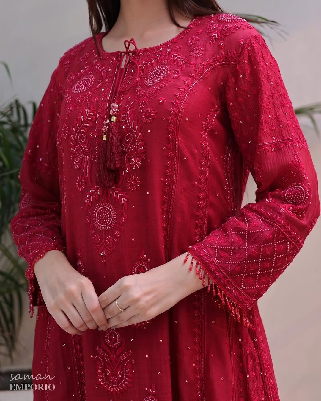 Ruby Red Malmal Pearl Work Chikankari A Line Kurta With Dupatta
