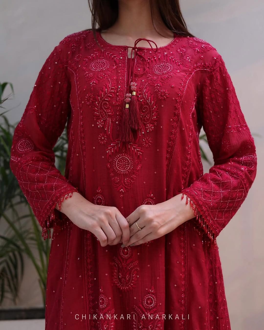 Ruby Red Malmal Pearl Work Chikankari A Line Kurta With Dupatta