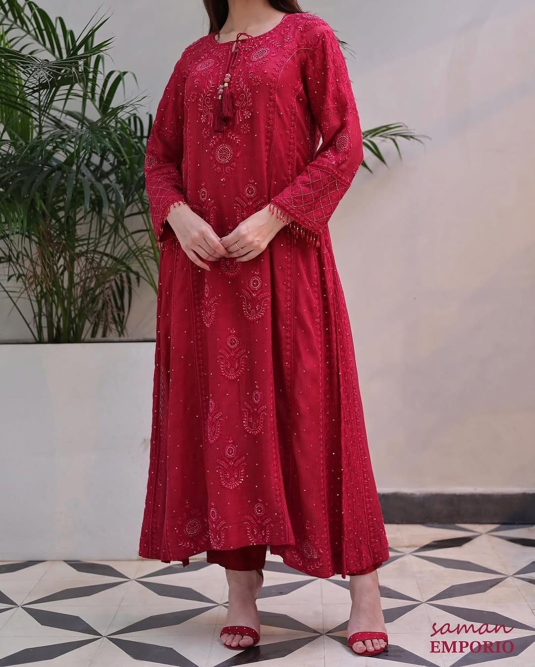Ruby Red Malmal Pearl Work Chikankari A Line Kurta With Dupatta
