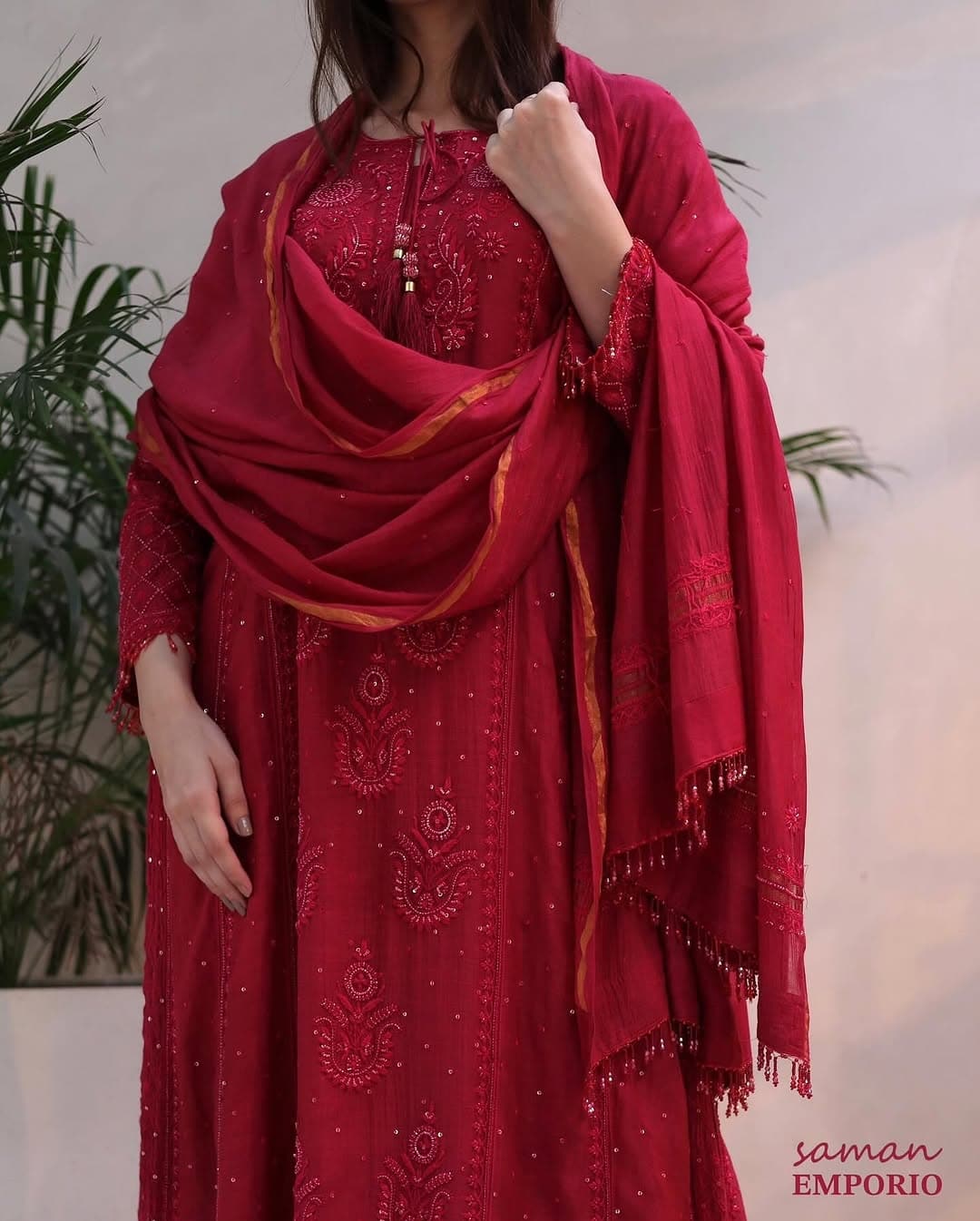 Ruby Red Malmal Pearl Work Chikankari A Line Kurta With Dupatta