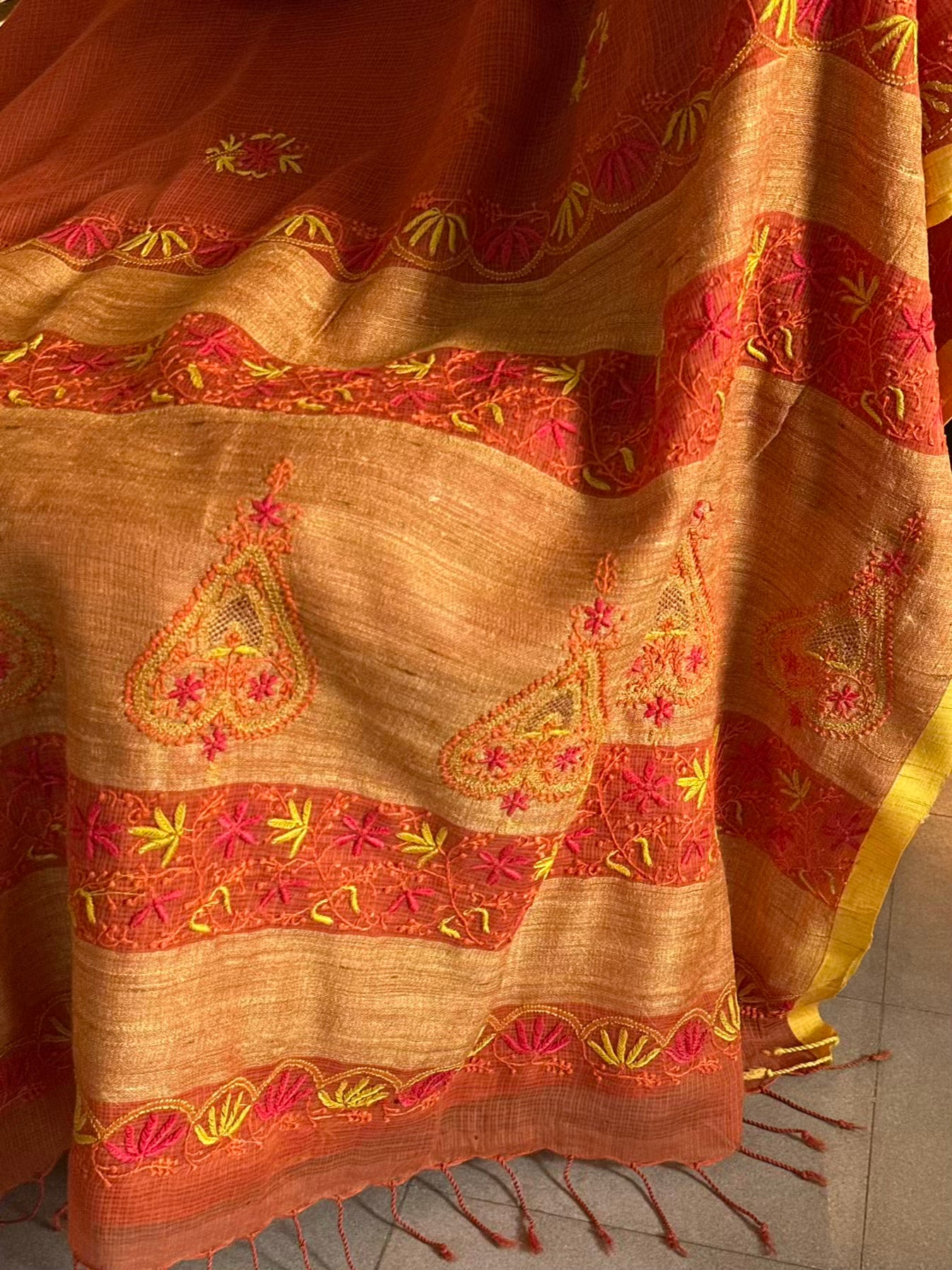 Rust Shade Silk Gheecha Palla Kota Chikankari Saree