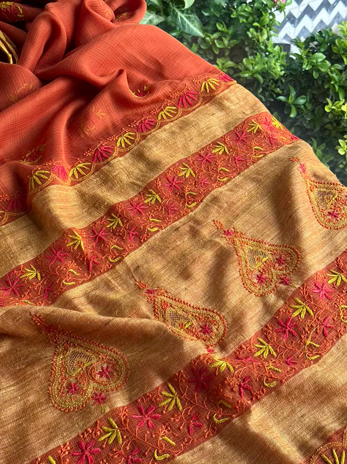 Rust Shade Silk Gheecha Palla Kota Chikankari Saree