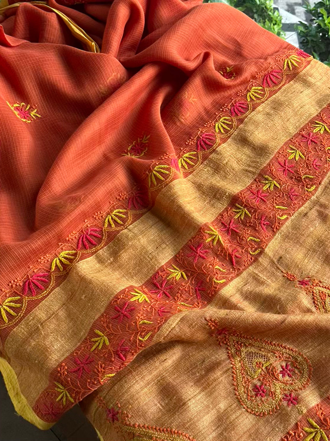 Rust Shade Silk Gheecha Palla Kota Chikankari Saree