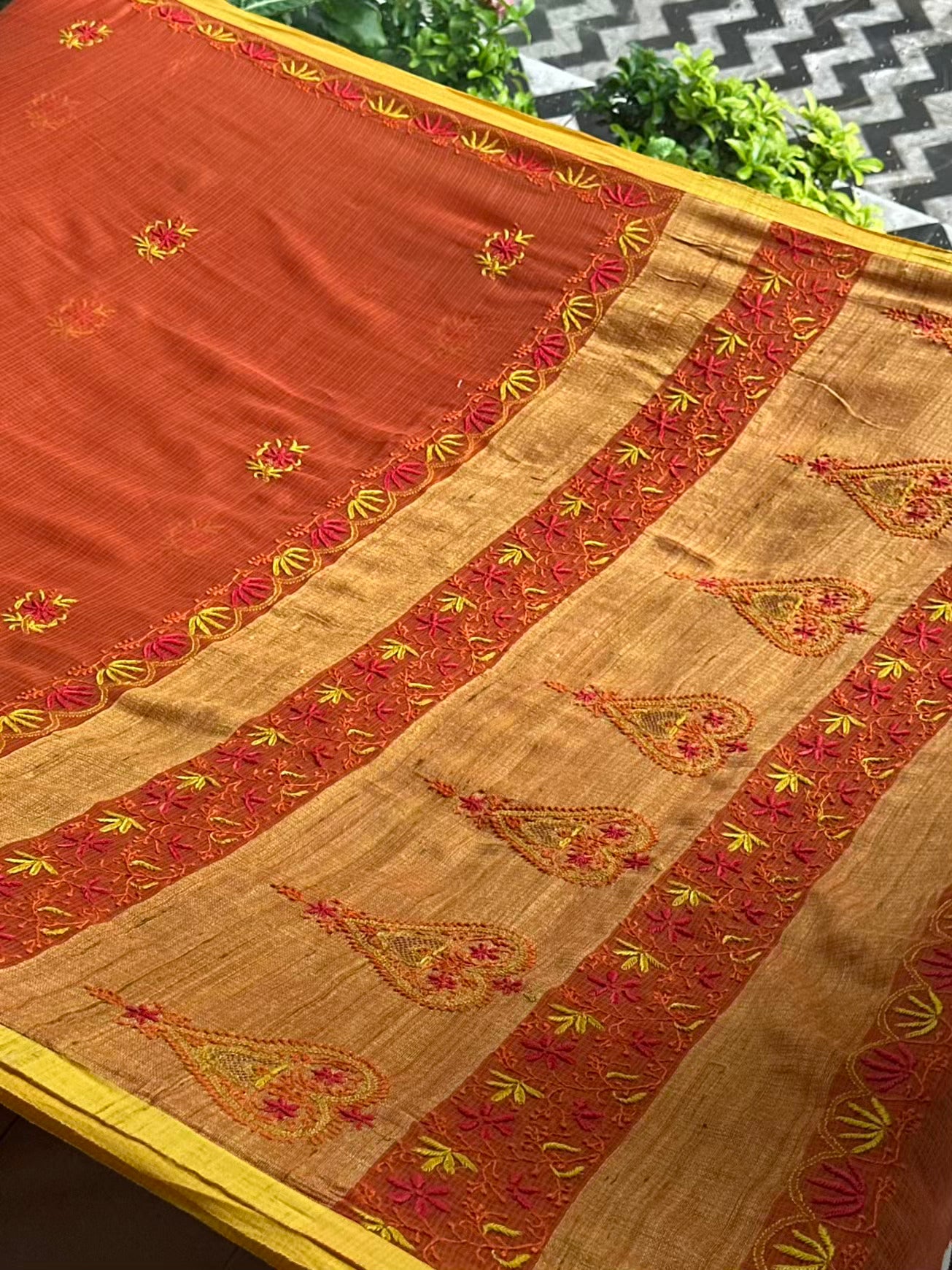 Rust Shade Silk Gheecha Palla Kota Chikankari Saree
